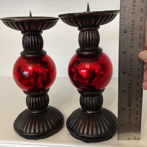 Candle Sticks Rustic with Red Reflective Ball Globe Felt Bottoms - Picture 2 of 6